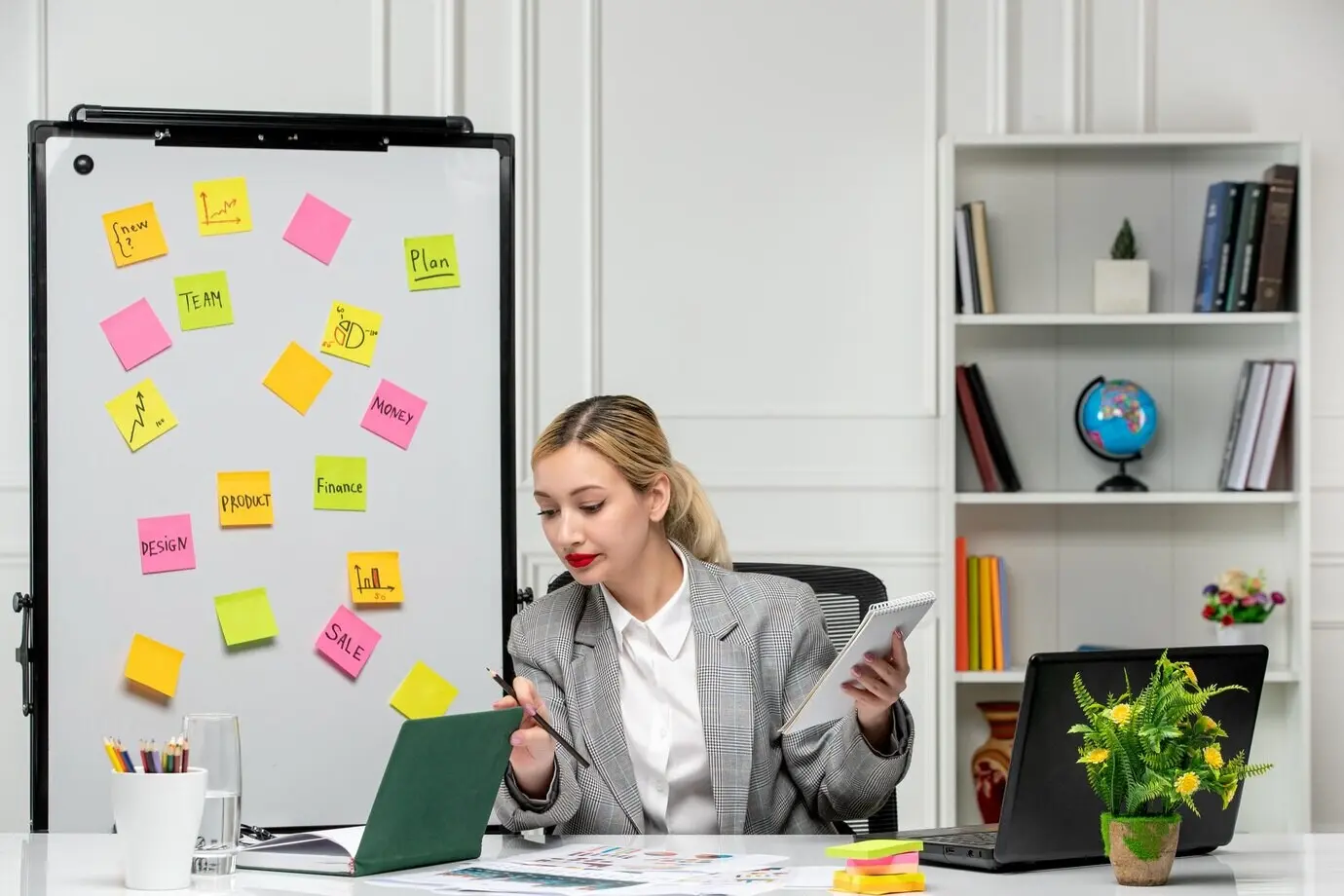 Marketing: a cute, young blonde girl in a grey suit reading a book in the office.
